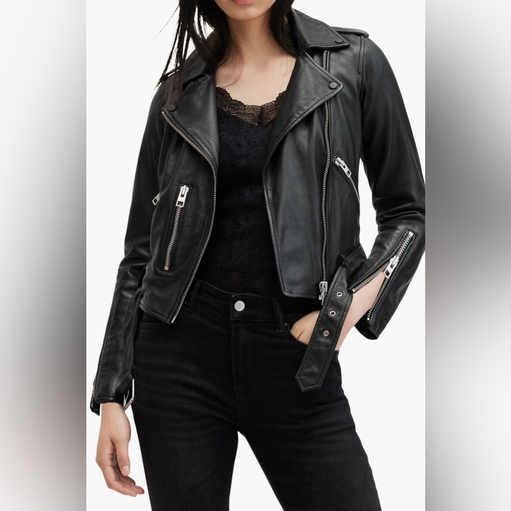 All Saints Allsaints Balfern Black Leather Biker Moto Belted Jacket 4